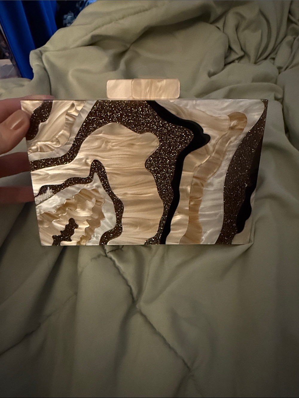 Francescas Pearlized Beige Acrylic Box Clutch with Gold Chain